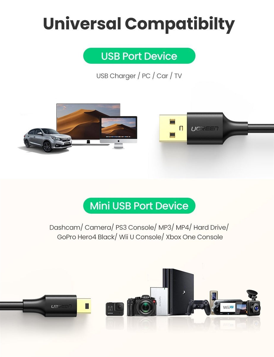UGREEN 10355 USB 2.0 A Male to Mini 5 Pin V3 Male Cable 1m Black