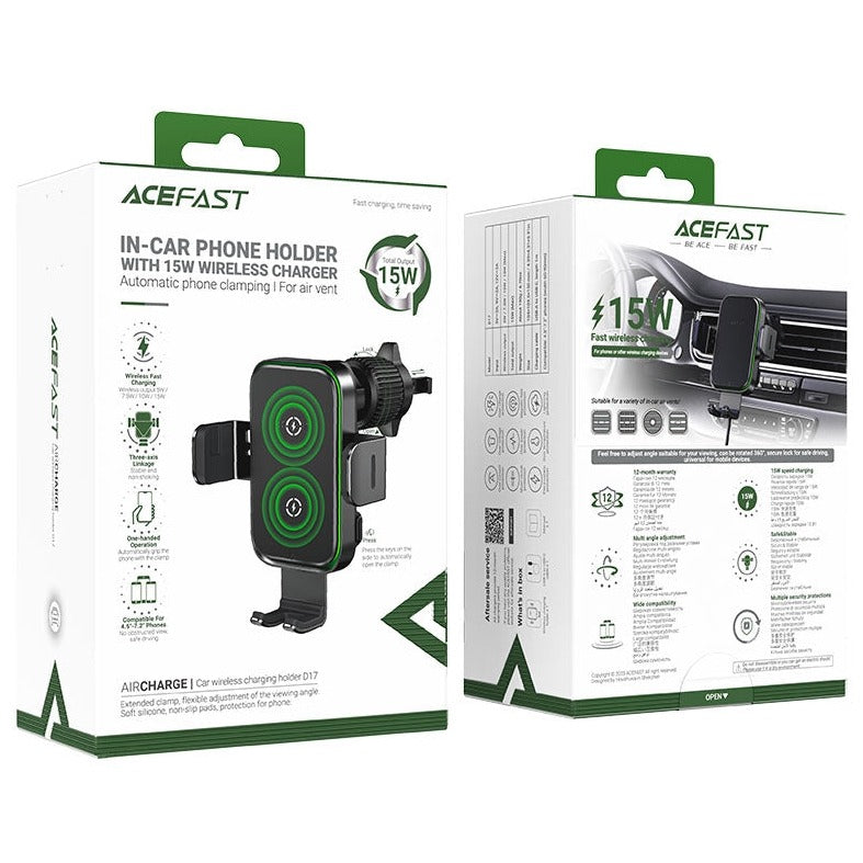 ACEFAST D17 Car Wireless Charging Holder AirVent Automatic Clamping 15W Black-www.firsthelptech.ie