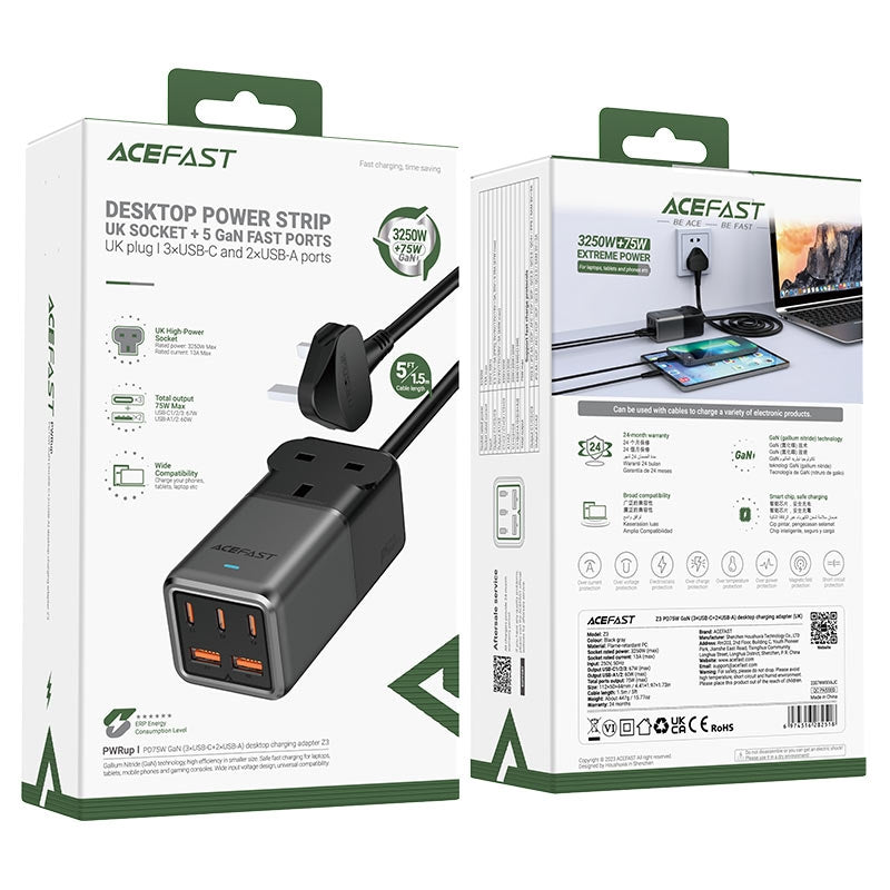 ACEFAST Z3 GaN 3*USB-C+2*USB-A Desktop Charging Adapter PD75W Black Grey