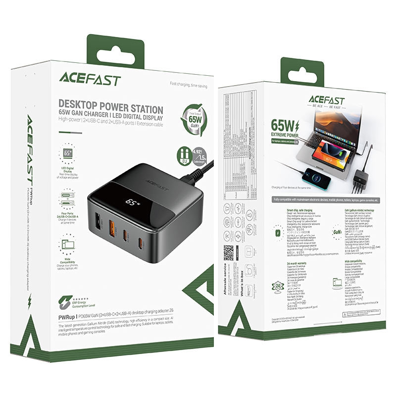 ACEFAST Z6 PD65W GaN 2*USB-C+2*USB-A Desktop Charger Black