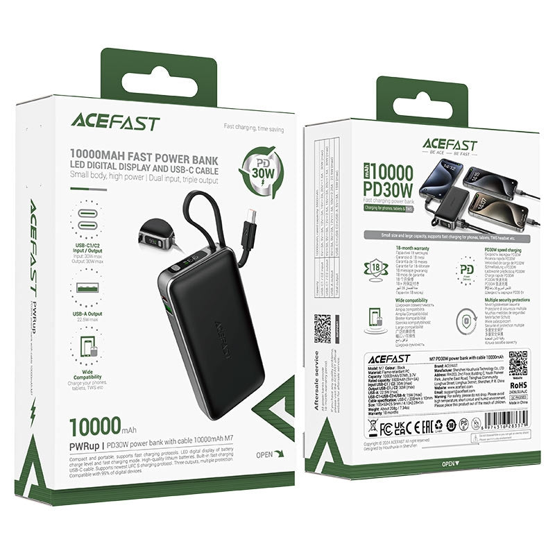 ACEFAST M7 Built In Type-C Power Bank 10000mAh PD30W Black