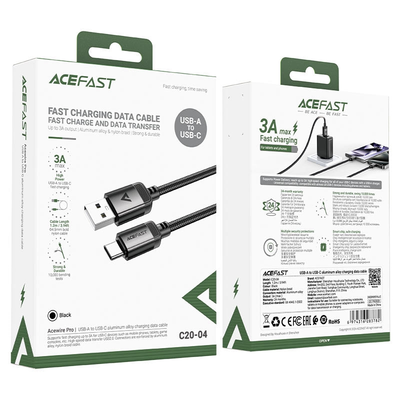 ACEFAST C20-04 USB-A To USB-C Aluminum Alloy Charging Data Cable 3A Black