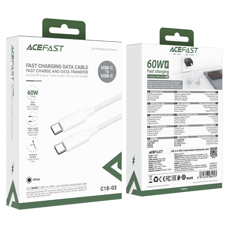 ACEFAST C18-03 USB-C To USB-C Braid Charging Cable 60W 1.2m White