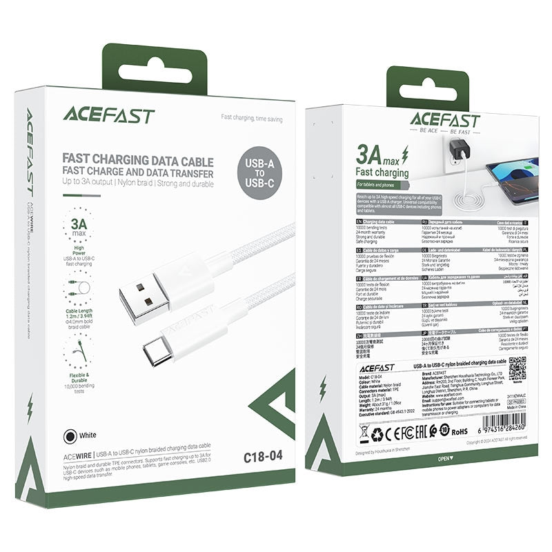 ACEFAST C18-04 USB To USB-C Braid Charging Cable 3A 1.2m White