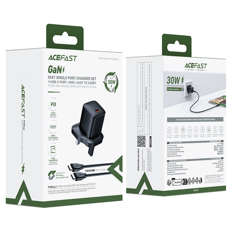 ACEFAST A132 PD30W Mini GaN USB-C Fast Charger Set Black