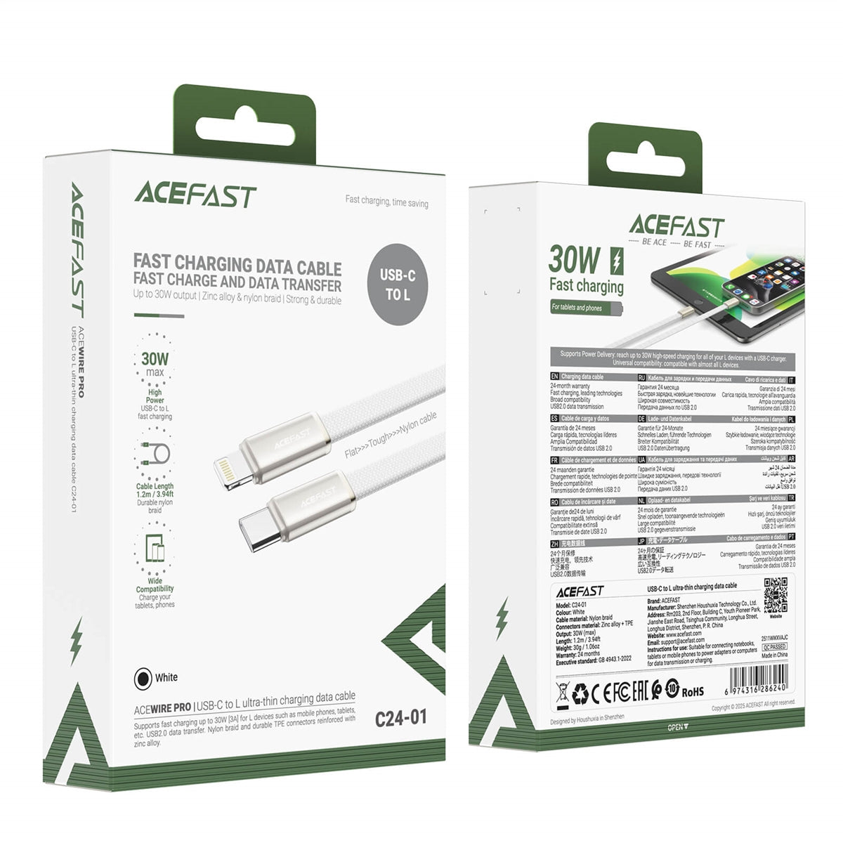 ACEFAST C24-01 USB-C To Lightning Ultra-Thin Cable 30W White