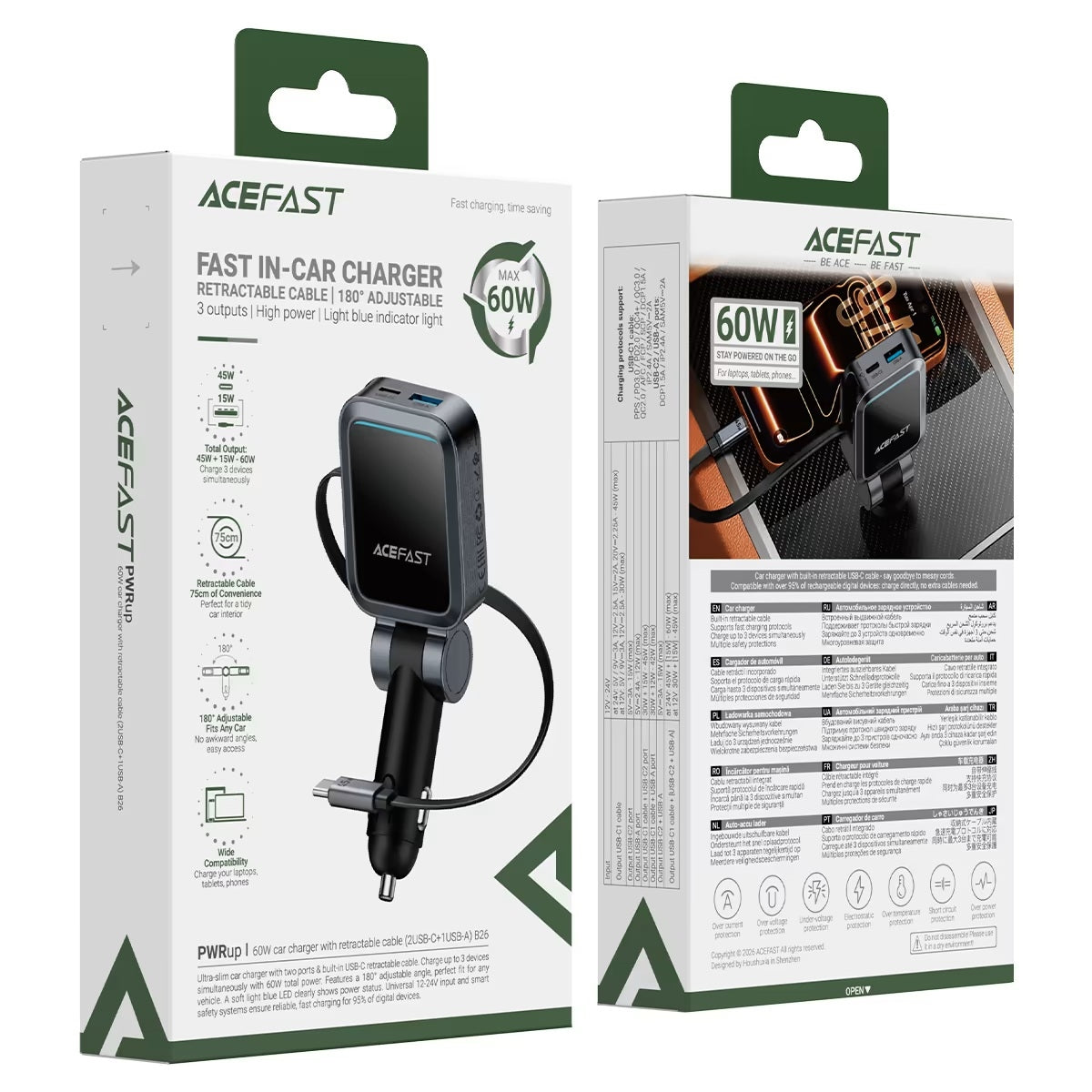 ACEFAST B26 60W Car Charger With Retractable Cable 2USB-C & 1USB-A Metal Grey