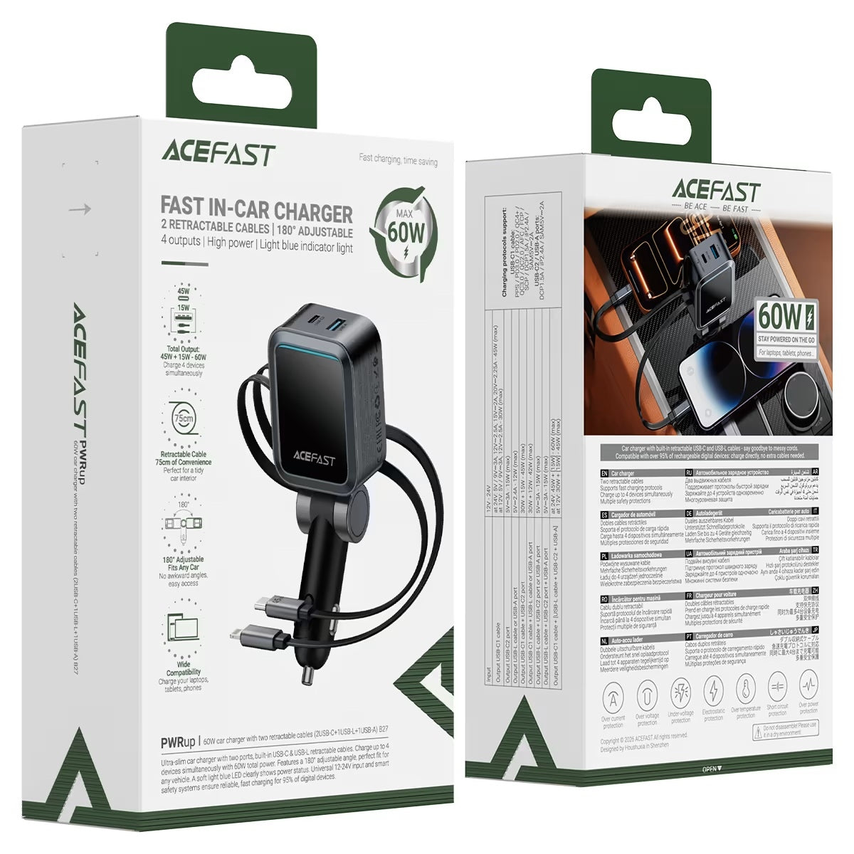 ACEFAST B27 60W Car Charger With Two Retractable Cables 2USB-C / 1USB-L / 1USB-A Metal Grey