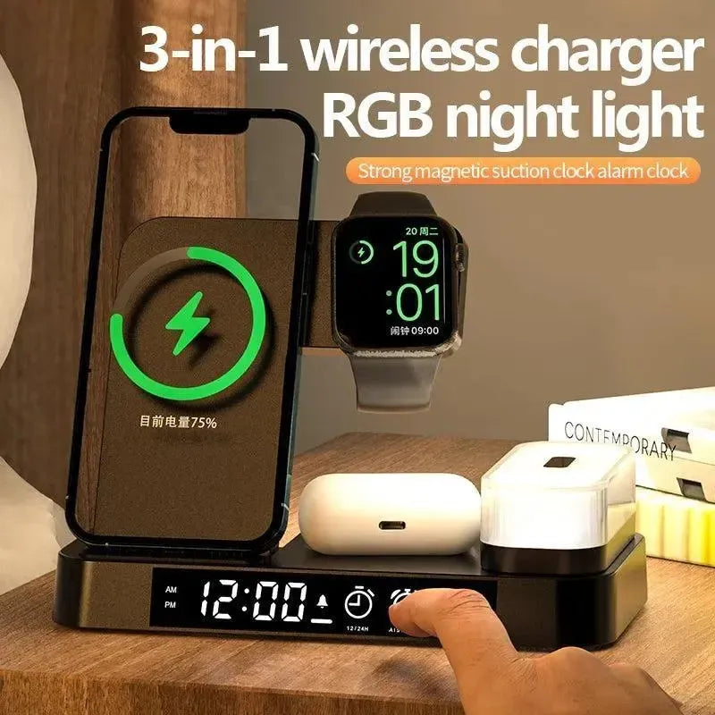 A37 30W 3-In-1 Wireless Charging Phone Stand With RGB Night Light & Alarm Clock & Watch Charger For Apple Function Black