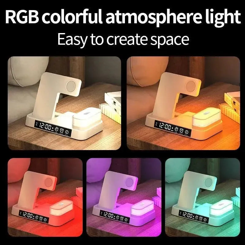A37 30W 3-In-1 Wireless Charging Phone Stand With RGB Night Light & Alarm Clock & Watch Charger For Apple Function Black
