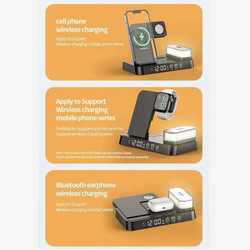 A37 30W 3-In-1 Wireless Charging Phone Stand With RGB Night Light & Alarm Clock & Watch Charger For Apple Function Black