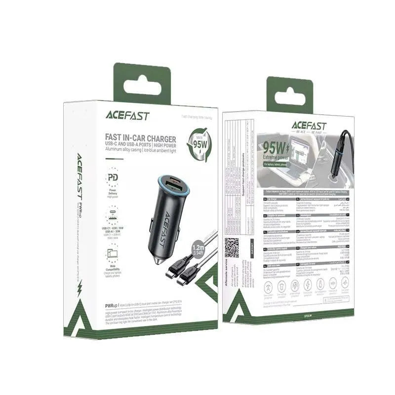 ACEFAST B16 95W USB-A / USB-C Dual Port With C-C Cable Metal Car Charger Set P5 Metal Gray