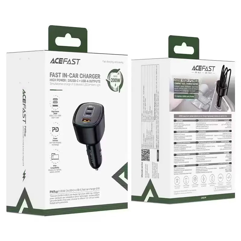 ACEFAST B18 2 USB-C & USB-A 200W Fast Car Charger Black