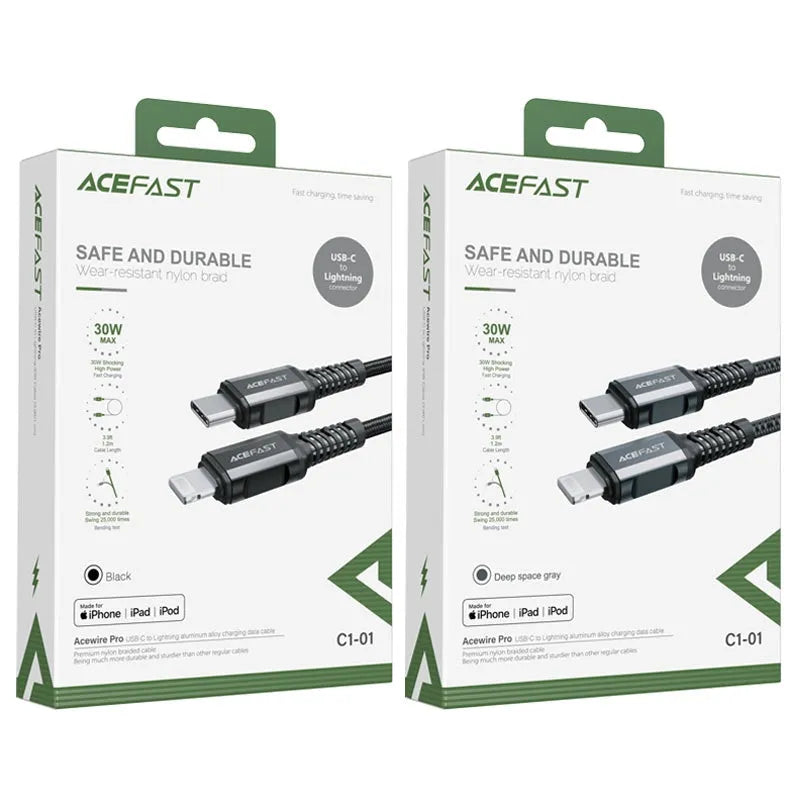 ACEFAST C1-01 USB-C To Lightning Aluminum Alloy Charging Data Cable 3A Black MFI