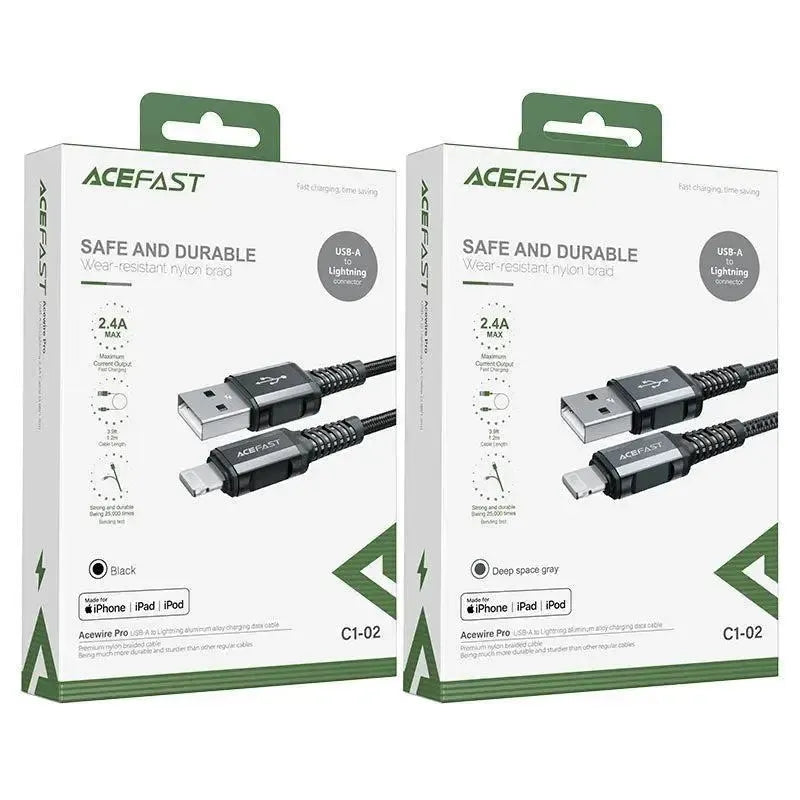 ACEFAST C1-02 USB-A To Lightning Aluminum Alloy Charging Data Cable 2.4A Black MFI
