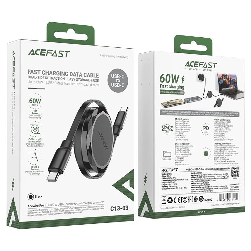 ACEFAST C13-03 USB-C To USB-C Dual Retraction Charging Cable 60W Black