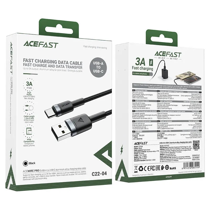 ACEFAST C22-04 USB-A To USB-C Aluminum Alloy Charging Cable Black