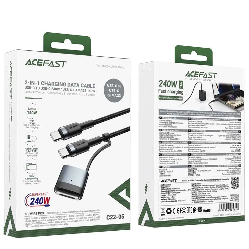 ACEFAST C22-05 2 In 1 USB-C To USB-C / Macbook 3 Charging Cable Black