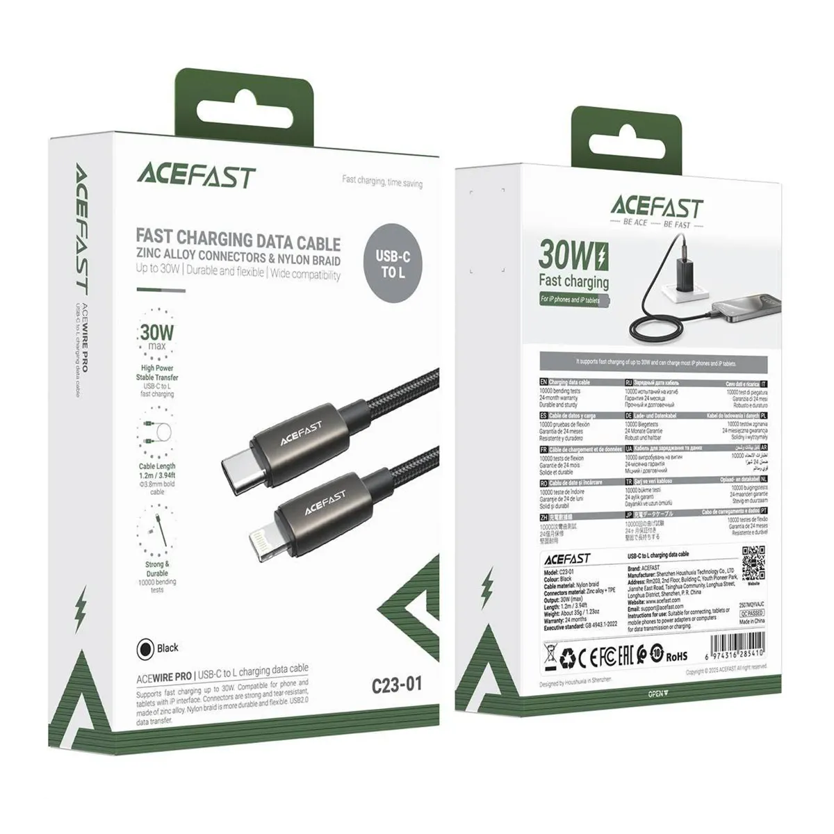 ACEFAST C23-01 PD Type-C To Lightning Charging Cable 30W Black