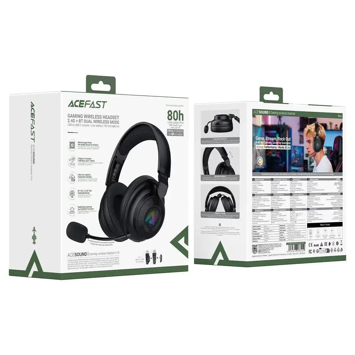 ACEFAST H15 Gaming 2.4G & BT Wireless Headset 80H Black