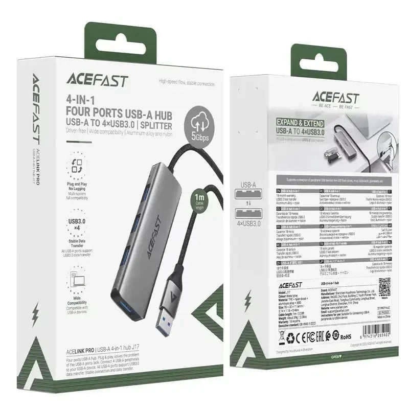 ACEFAST J17 USB-A 4 In 1 USB HUB 1M Metal Gray