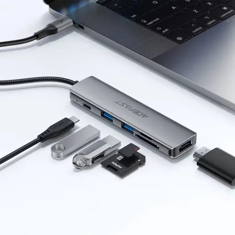 ACEFAST J18 USB-C 6 In 1 USB-C To 2 USB 3.0 / USB-C / HDTV / SD / TF HUB Metal Gray
