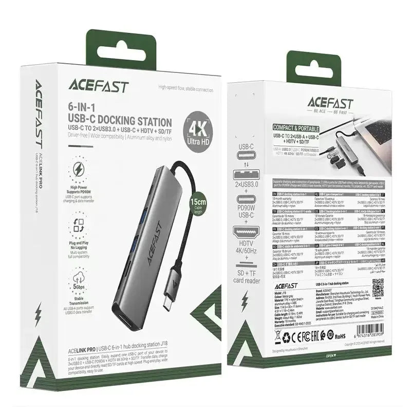 ACEFAST J18 USB-C 6 In 1 USB-C To 2 USB 3.0 / USB-C / HDTV / SD / TF HUB Metal Gray