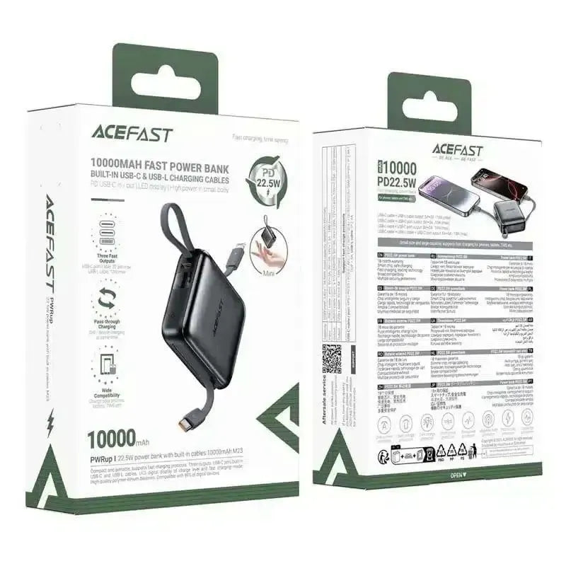 ACEFAST M23 Power Bank Built-In Dual Cables 10000mAh 22.5W Metal Gray