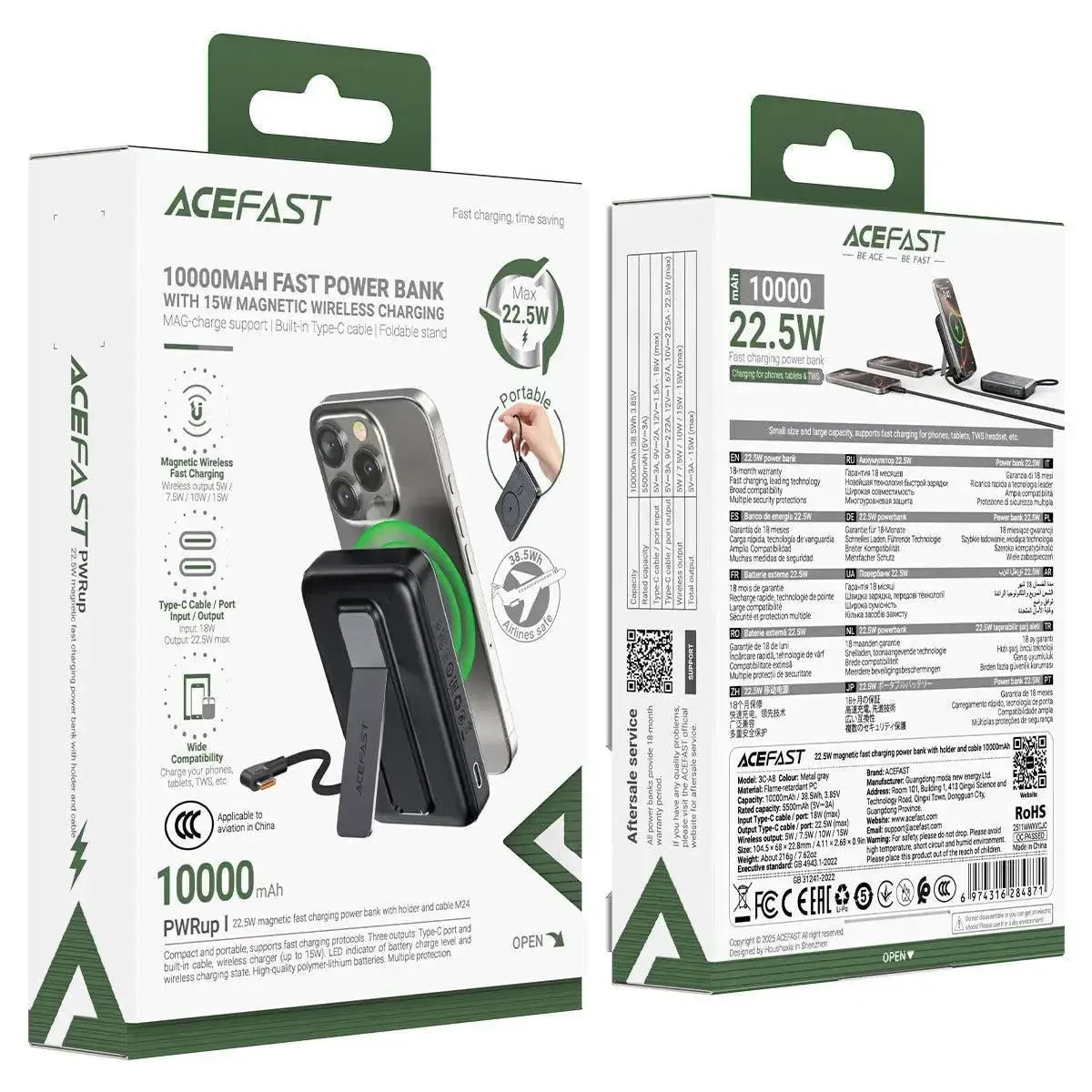 ACEFAST M24 PD 22.5W Magnetic Fast Charging Power Bank With Holder And Type-C Cable 10000mAh Gray