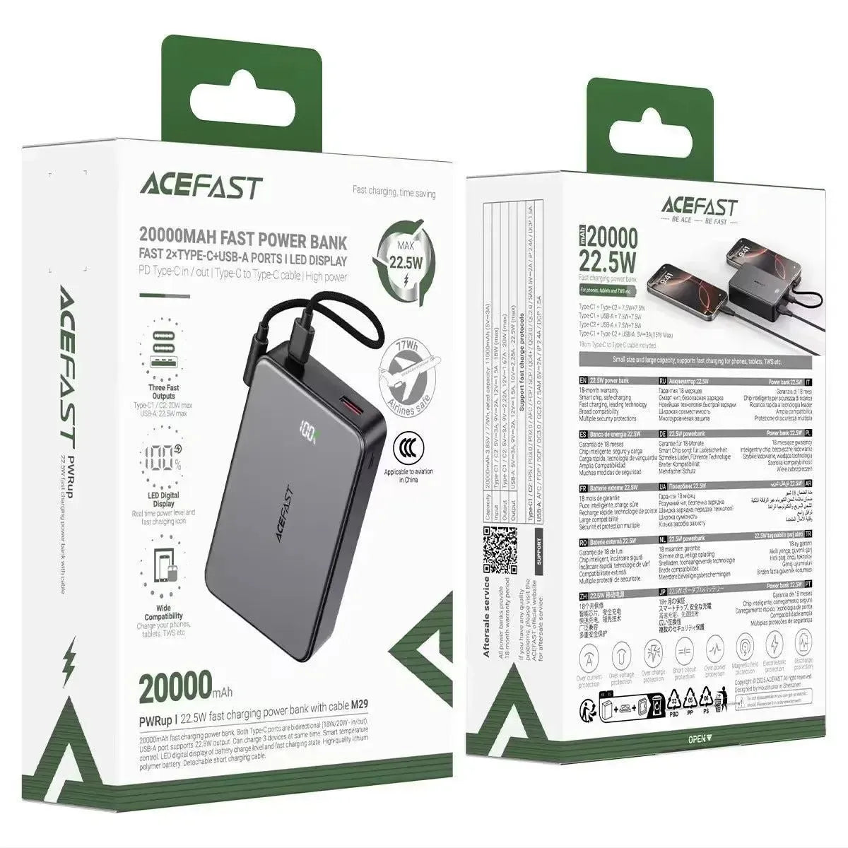 ACEFAST M29 PD 22.5W Fast Charging Power Bank With C-C Cable 20000mAh Black