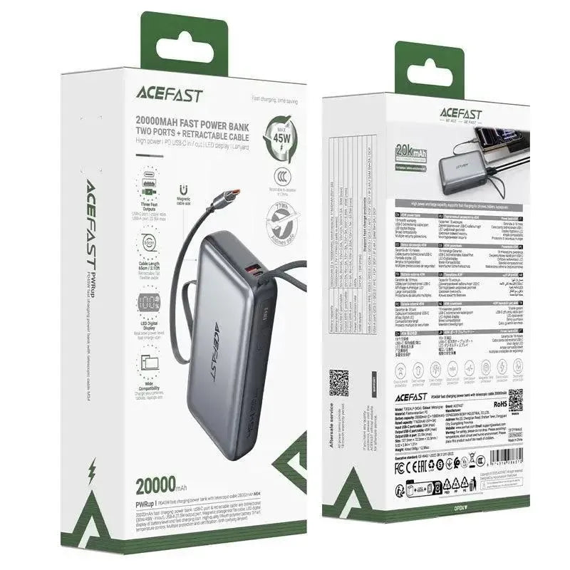 ACEFAST M34 PD 45W Fast Charging Power Bank With Retractable Type-C Cable 20000mAh Gray