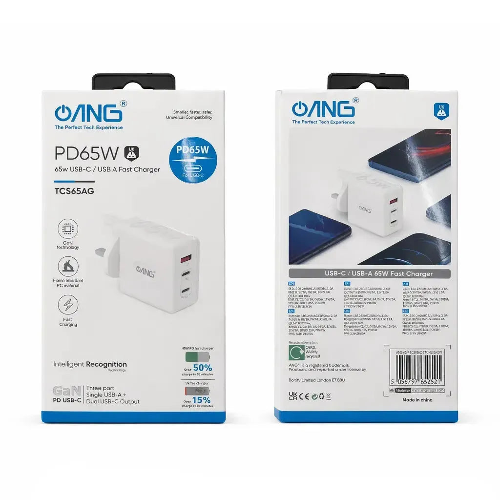 ANG 65W GaN 3-Port Fast Charger UK Plug – Dual USB-C + USB-A PD Wall Charger