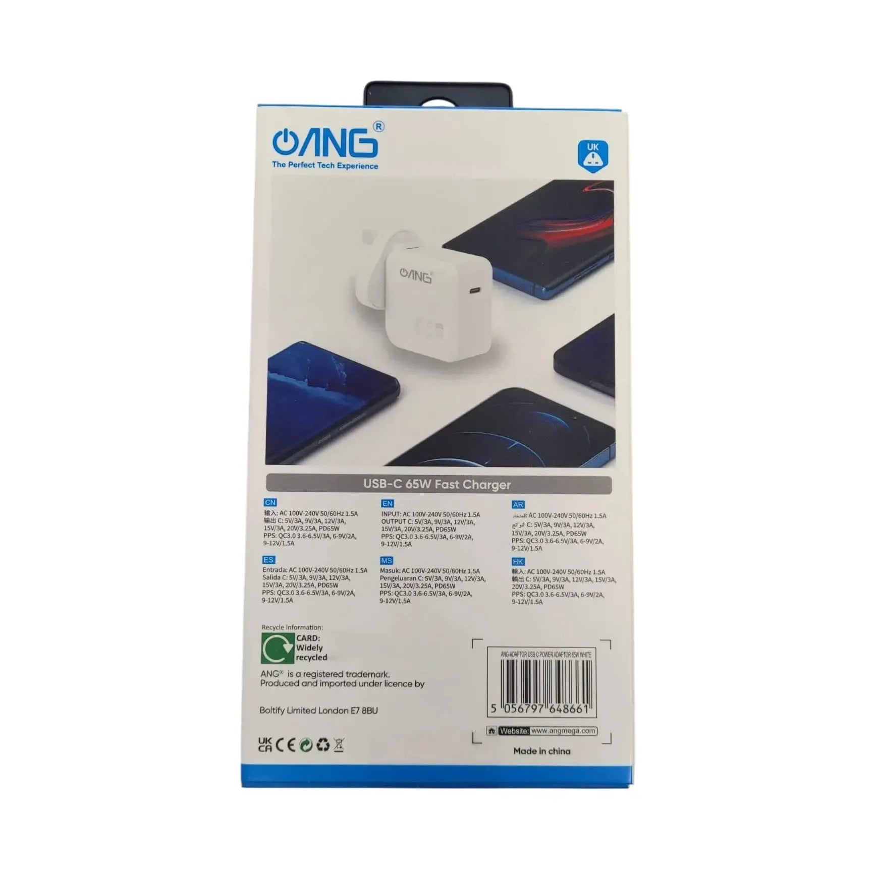ANG GaN PD 65W USB-C Fast Charger Power Adapter with 1.8m USB-C Cable – UK Plug