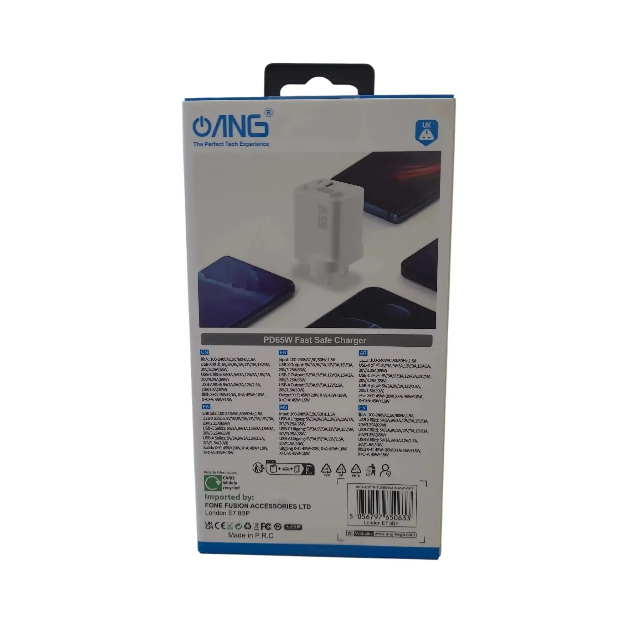 ANG PD 65W GaN Dual Port Fast Charger USB-C & USB-A Wall Adapter with Fast Charging Cable