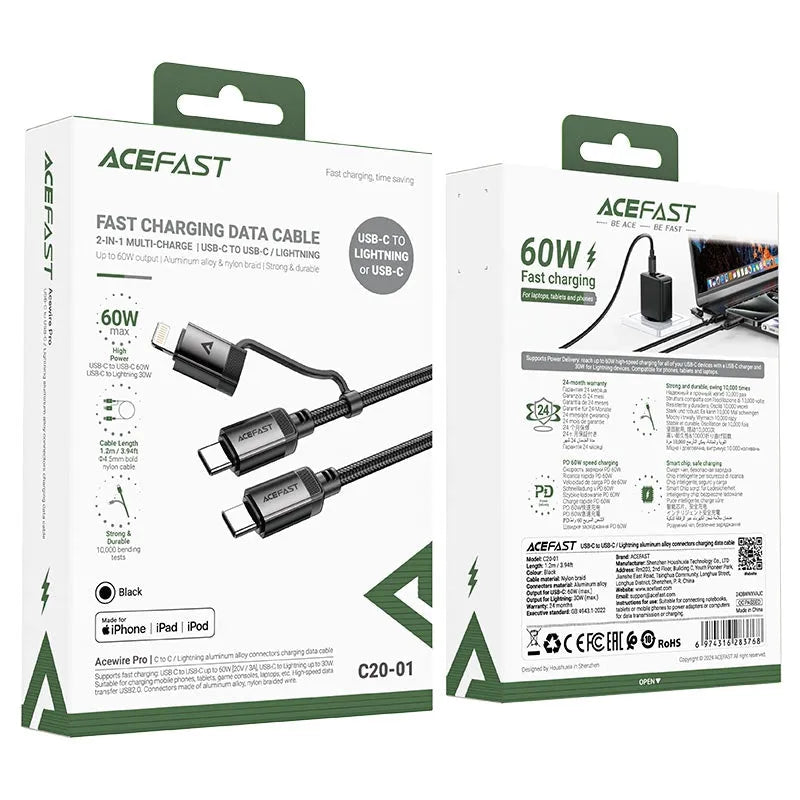 Acefast C20-01 MFI USB-C To USB-C / Lightning Aluminum Alloy 60W Charging Data Cable Black