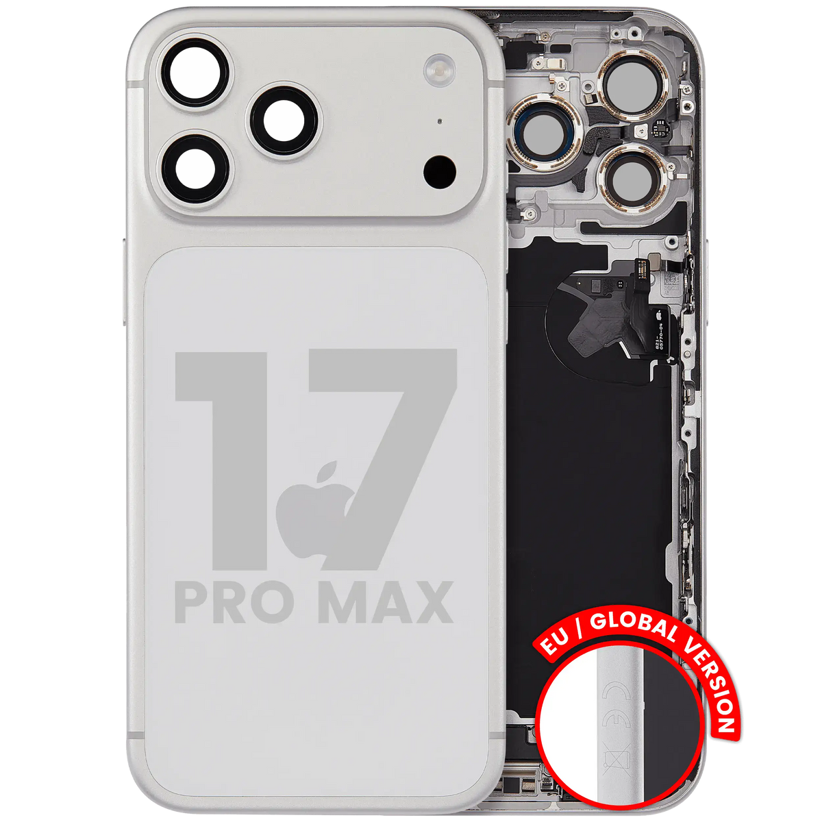 Back Housing W/ Charging Port Flex & Small Parts For I Phone 17 Pro Max (Eu / Global Version) (Used Oem Pull: Grade B) (Silver)