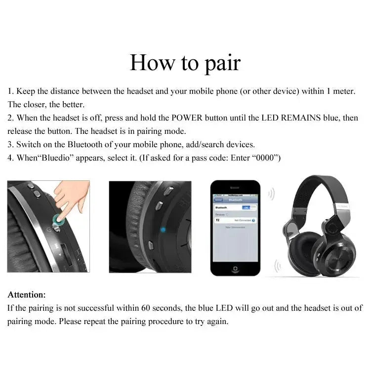 Bluedio T2 Turbine Wireless Bluetooth 4.1 Stereo Headphones Headset With Mic & Micro SD Card Slot & FM Radio White