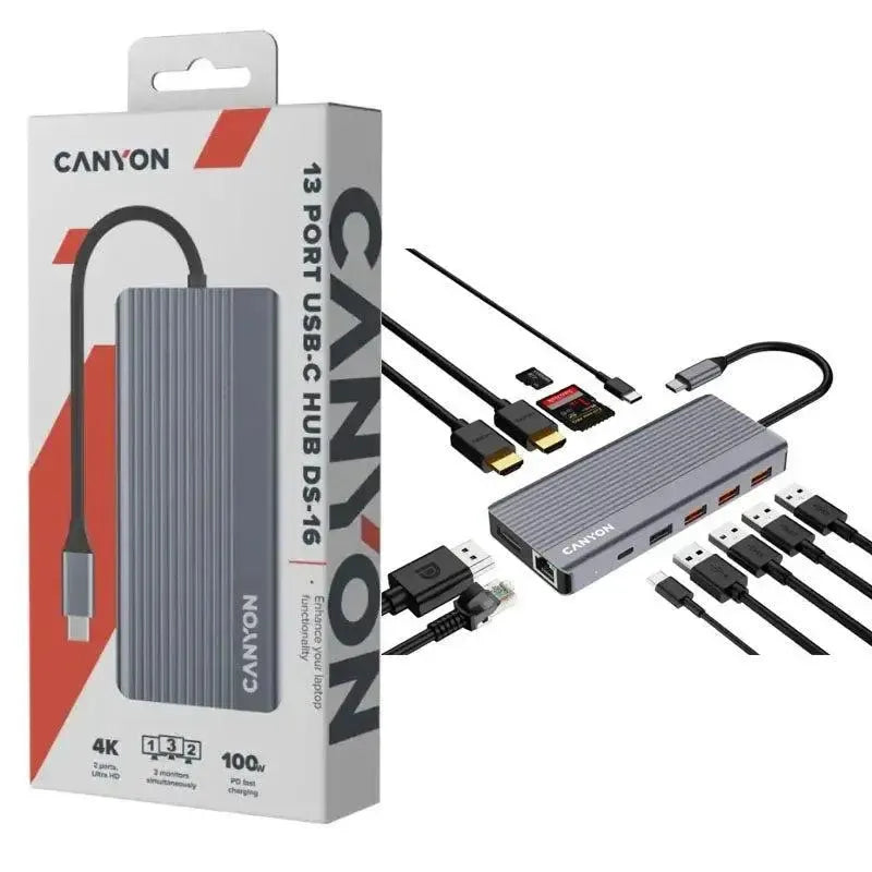 Canyon DS-16 13 Port 100W 4K Multiport USB-C HUB Grey
