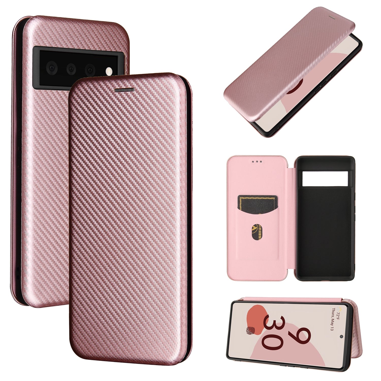 For Google Pixel 6 Pro Carbon Fiber Wallet Case Pink-www.firsthelptech.ie