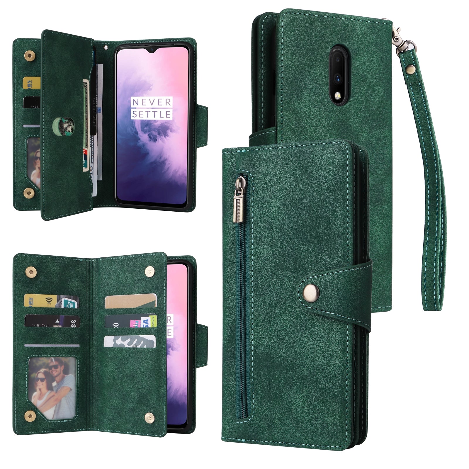 For OnePlus 7 Rivet Buckle 9 Cards Three Fold Leather Phone Case Green-www.firsthelptech.ie