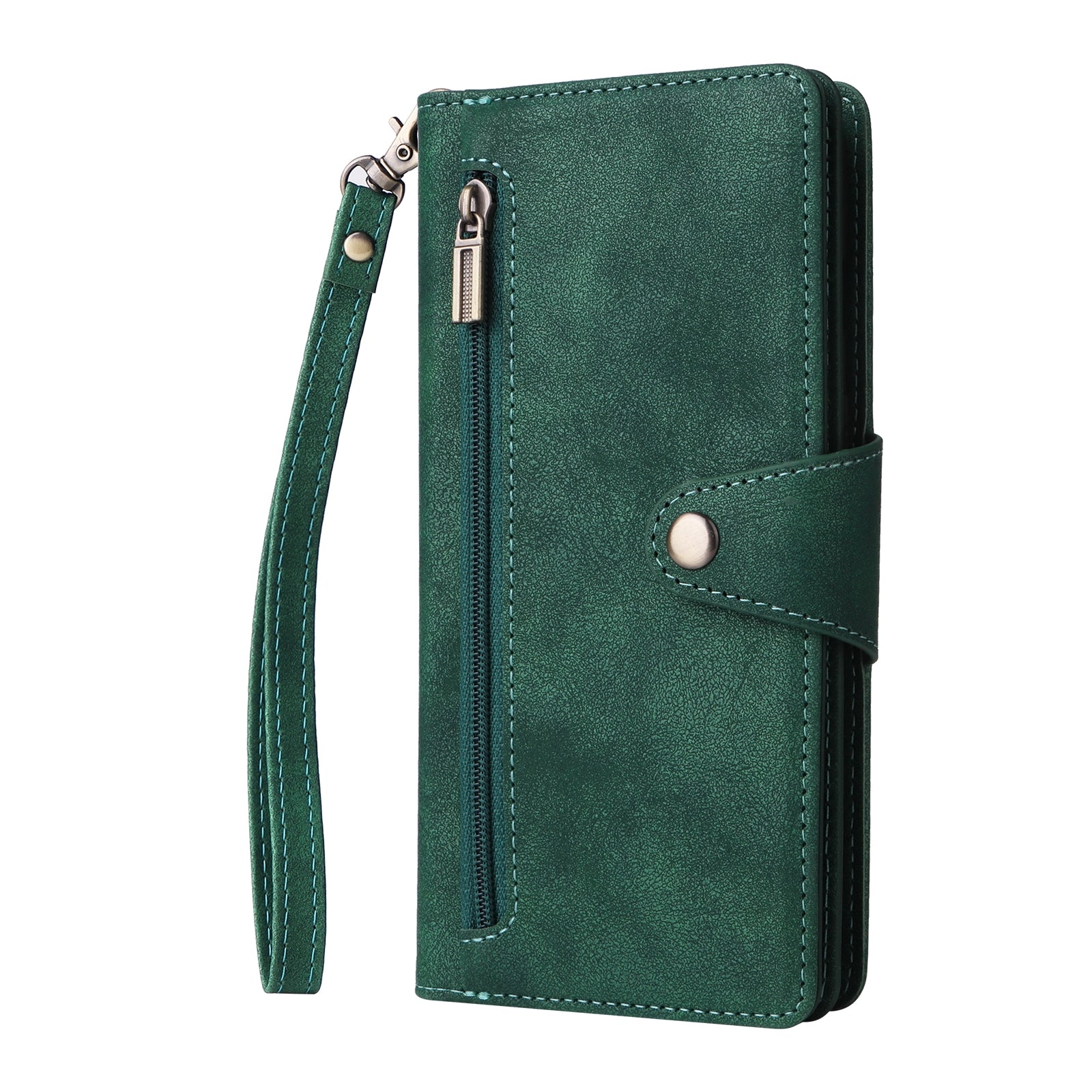 For OnePlus 7 Rivet Buckle 9 Cards Three Fold Leather Phone Case Green-www.firsthelptech.ie