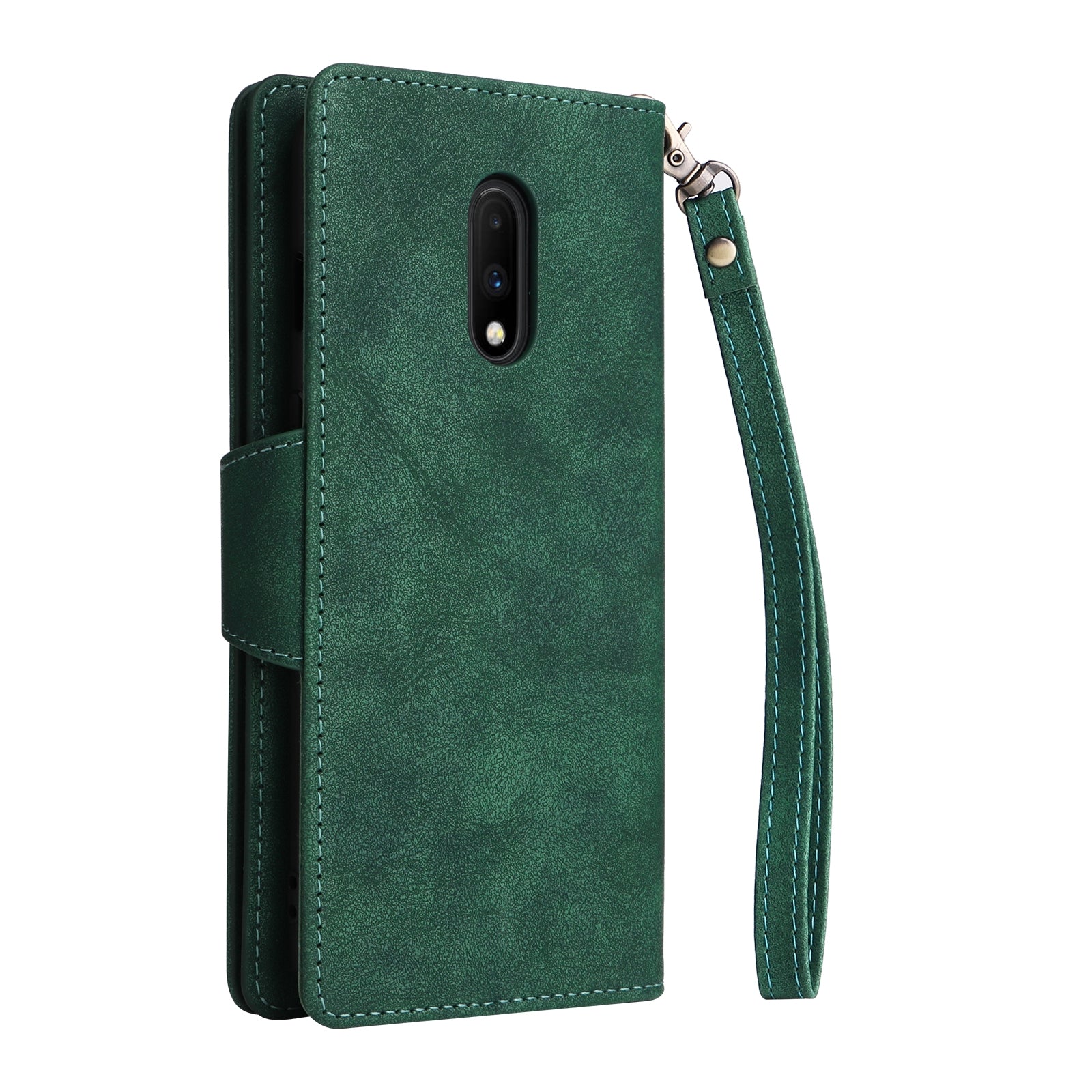 For OnePlus 7 Rivet Buckle 9 Cards Three Fold Leather Phone Case Green-www.firsthelptech.ie