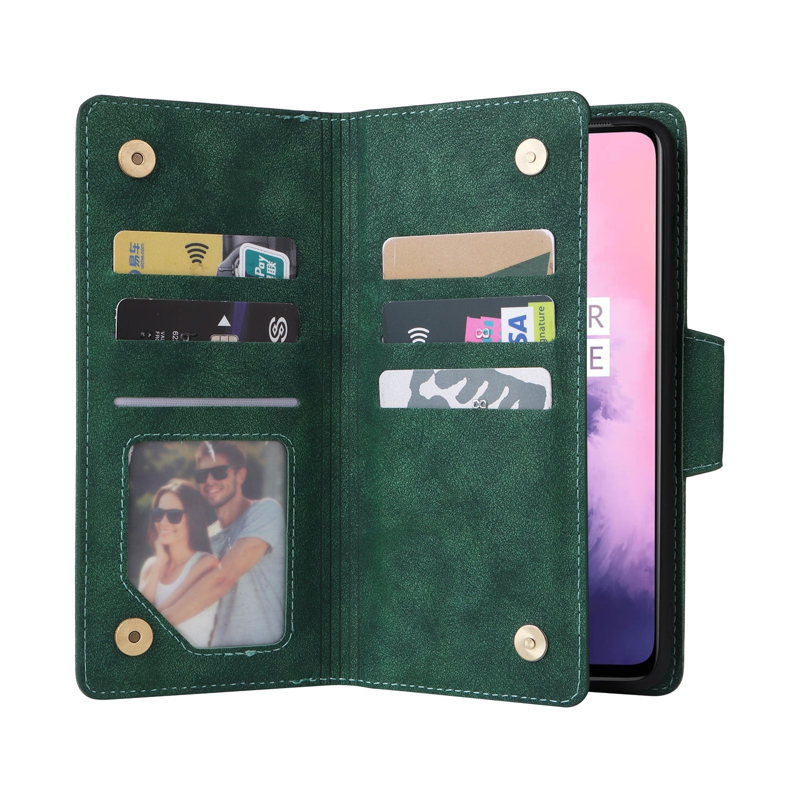 For OnePlus 7 Rivet Buckle 9 Cards Three Fold Leather Phone Case Green-www.firsthelptech.ie