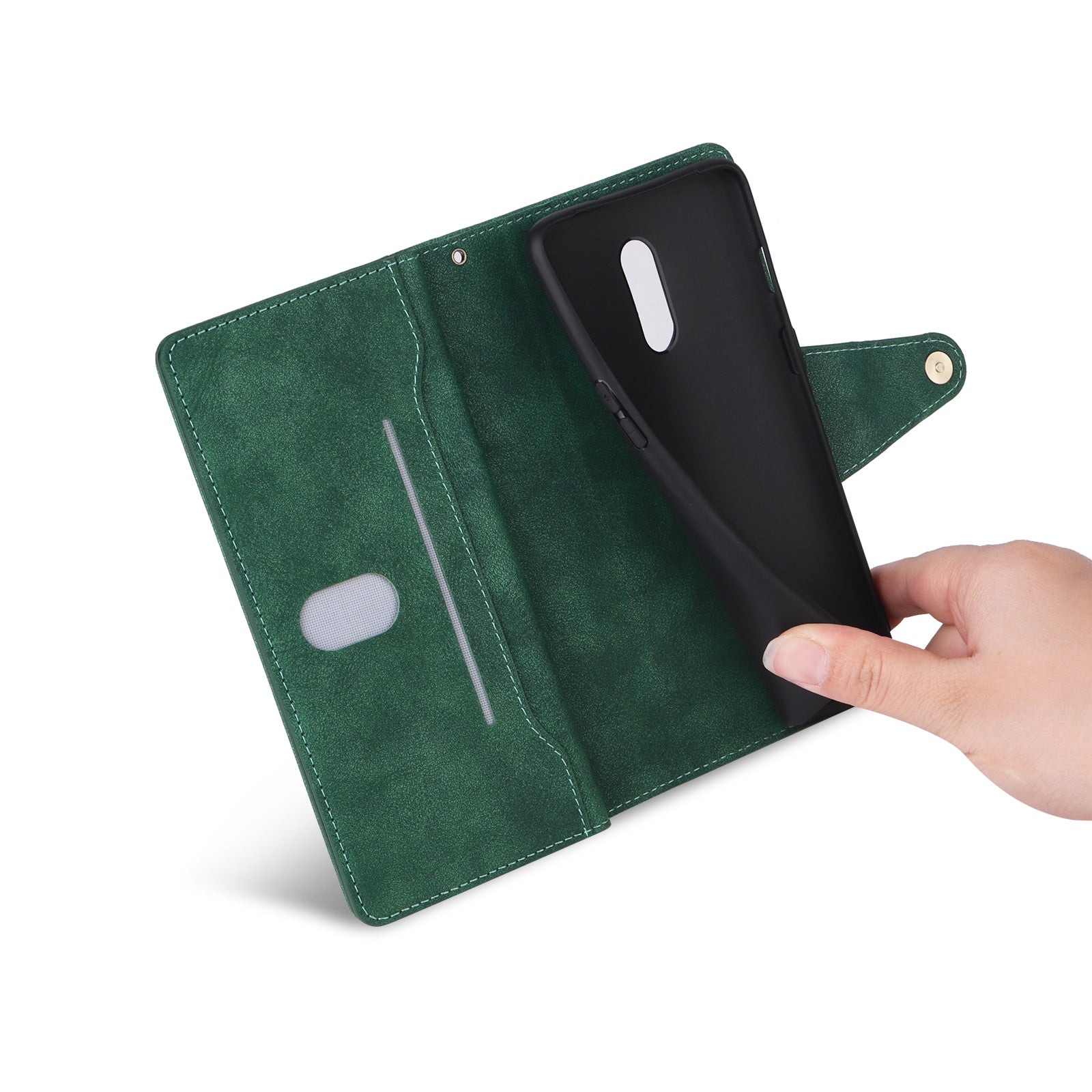 For OnePlus 7 Rivet Buckle 9 Cards Three Fold Leather Phone Case Green-www.firsthelptech.ie