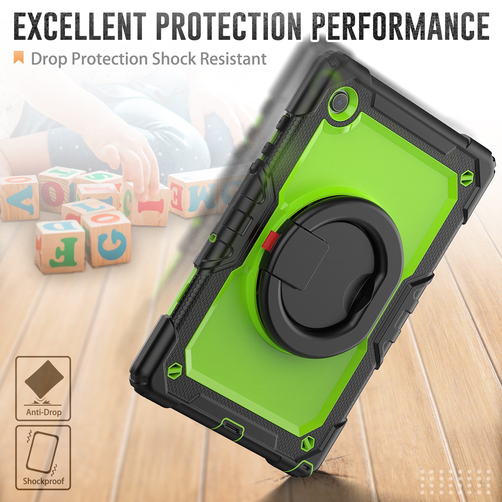 For Samsung Galaxy Tab A7 Lite Case with Adjustable Shoulder Strap & Bracelet Holder Silicone Yellow Green-www.firsthelptech.ie