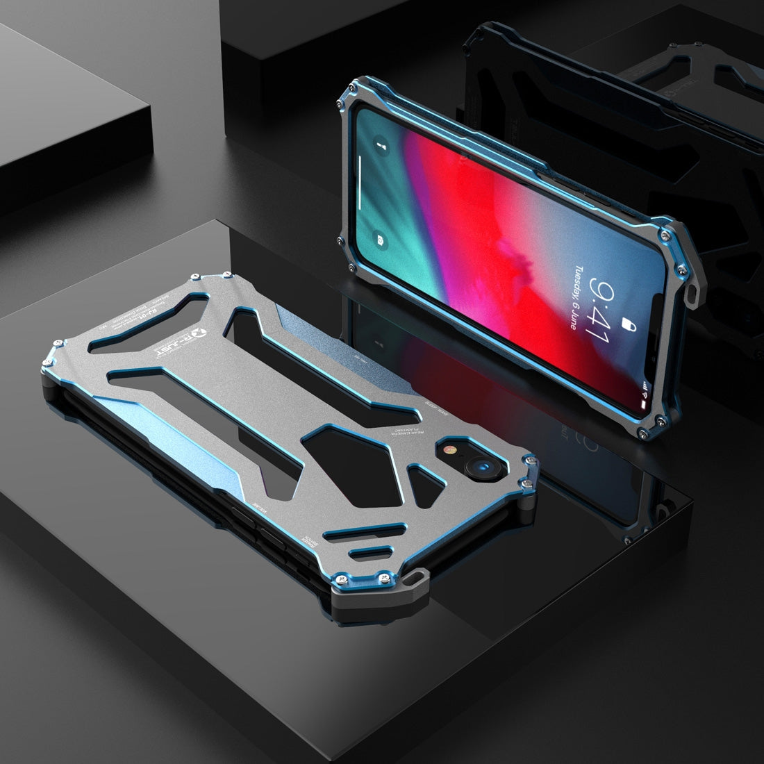 For Apple iPhone XR R-JUST Shockproof Armor Metal Protective Case Blue-www.firsthelptech.ie