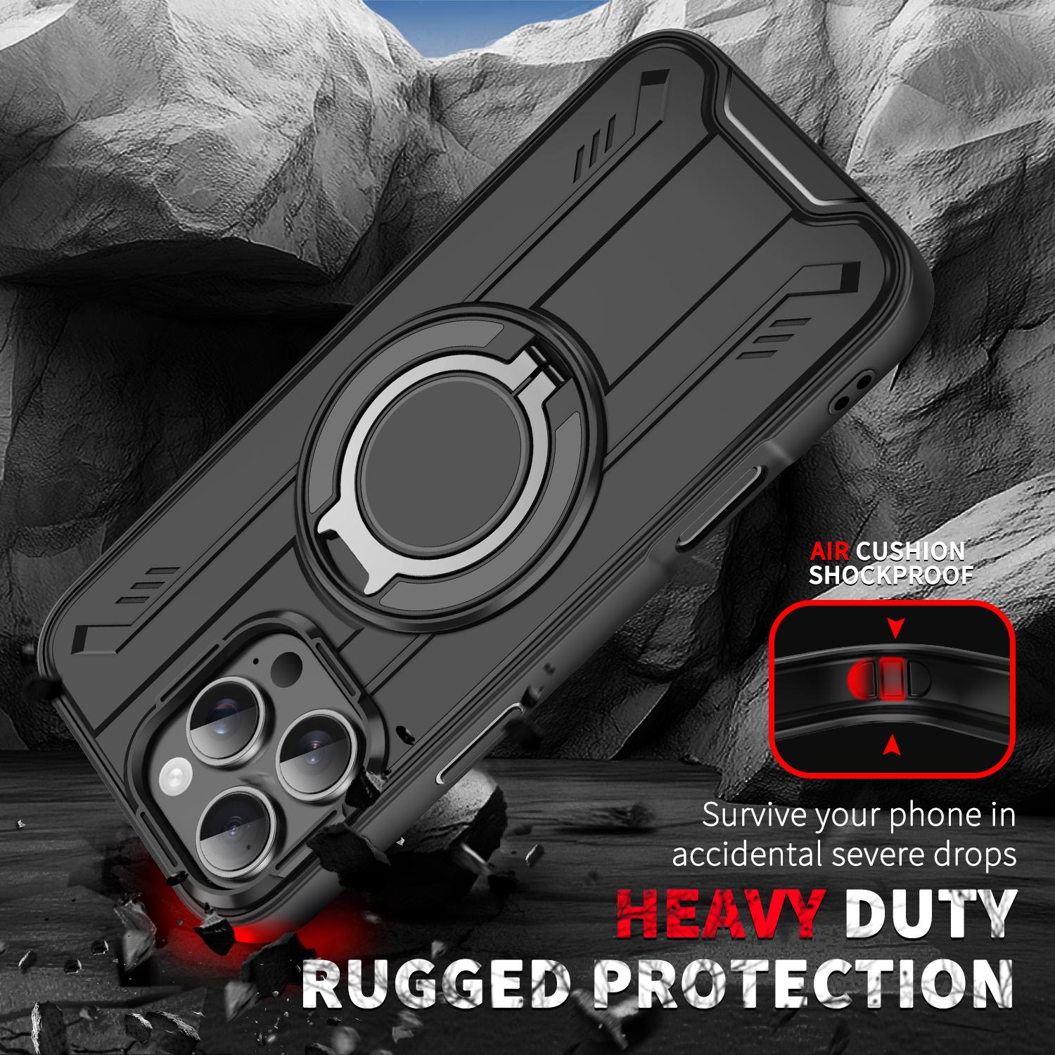 For Apple iPhone 15 Magnetic Armour Rotating Stand Case Black