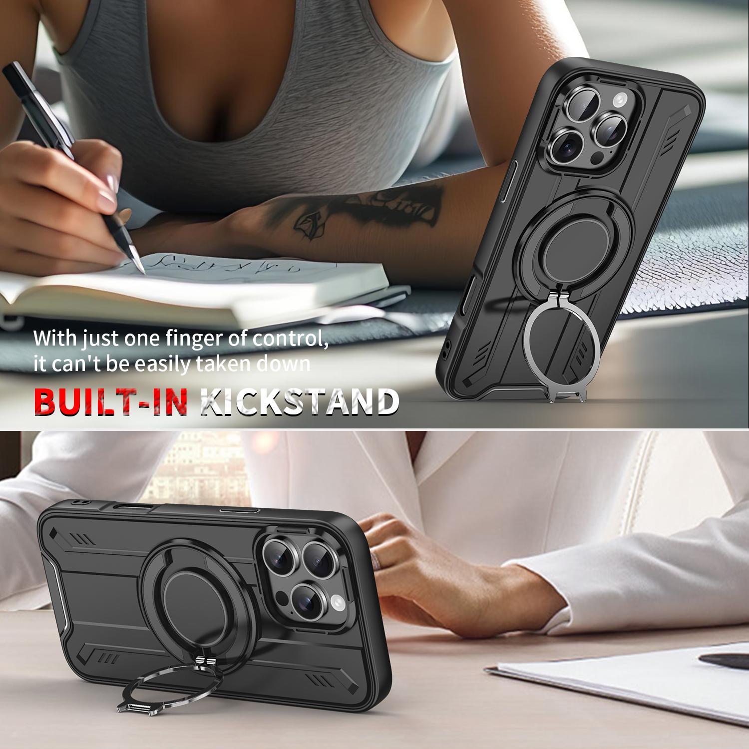 For Apple iPhone 15 Magnetic Armour Rotating Stand Case Black
