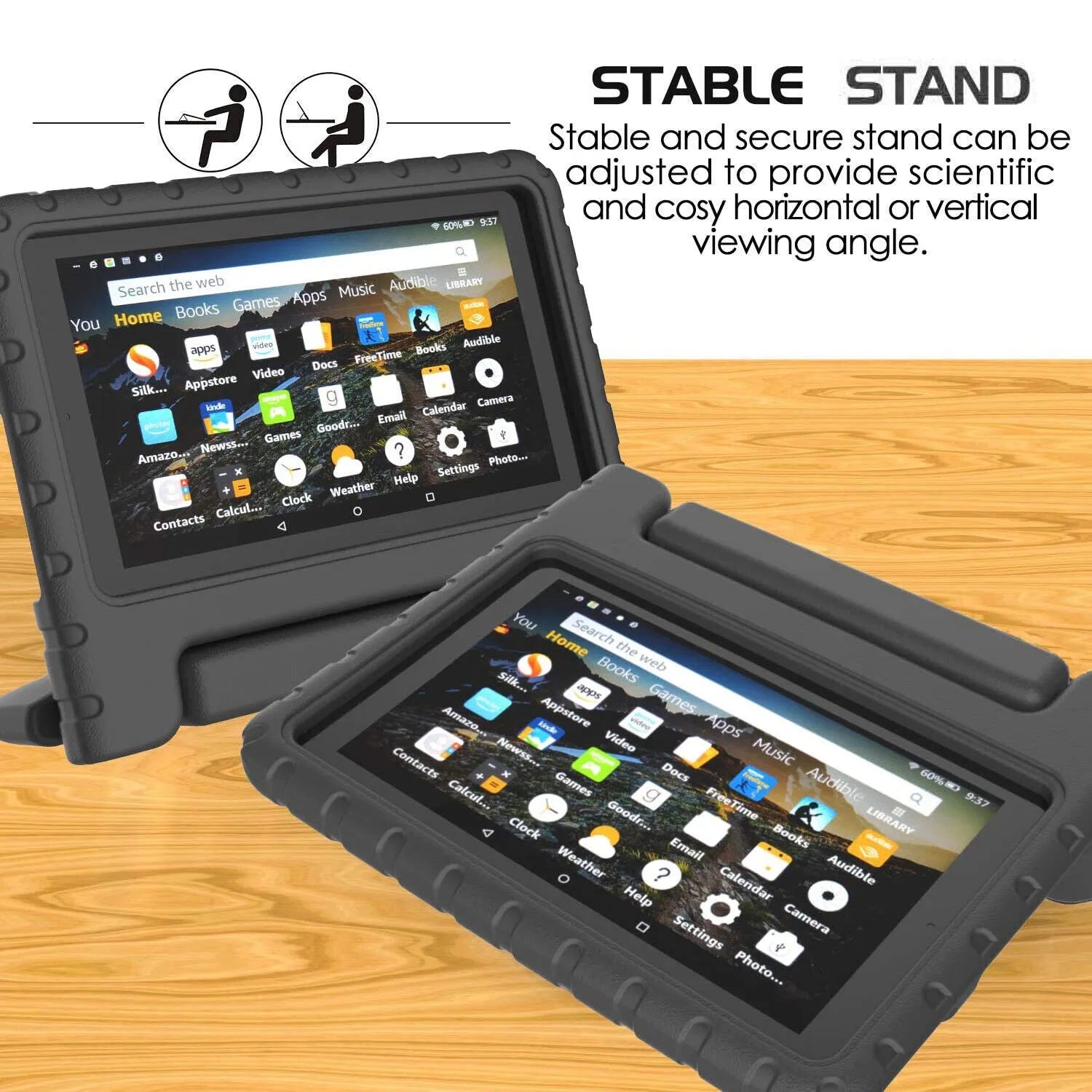 For Amazon Fire 7 2019 Kids Case Shockproof Cover With Stand - Black