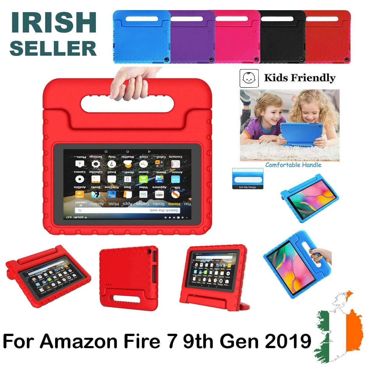 For Amazon Fire 7 2019 Kids Case Shockproof Cover With Stand - Red